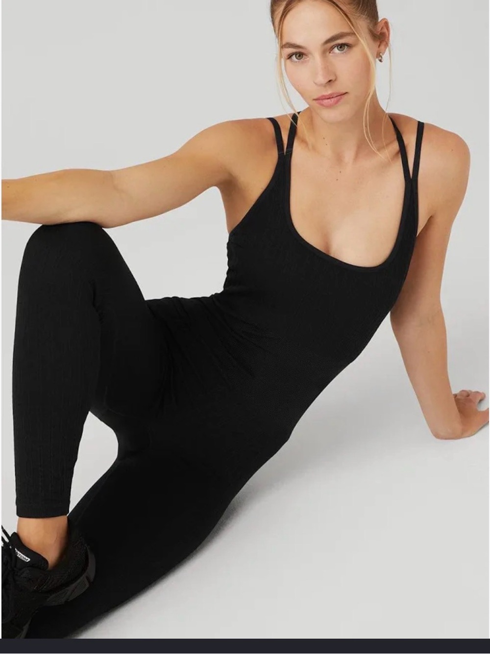 ALO Yoga Black Ribbed Scoop-Neck Double-Strap Jumpsuit